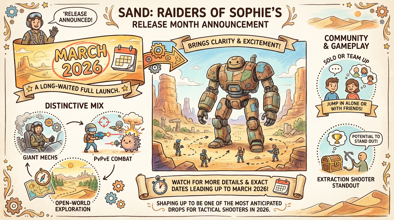 Sand: Raiders of Sophie Reveals Its Official Release Month and Fans Are Talking 1 desert mech shooter game scene with large walkers