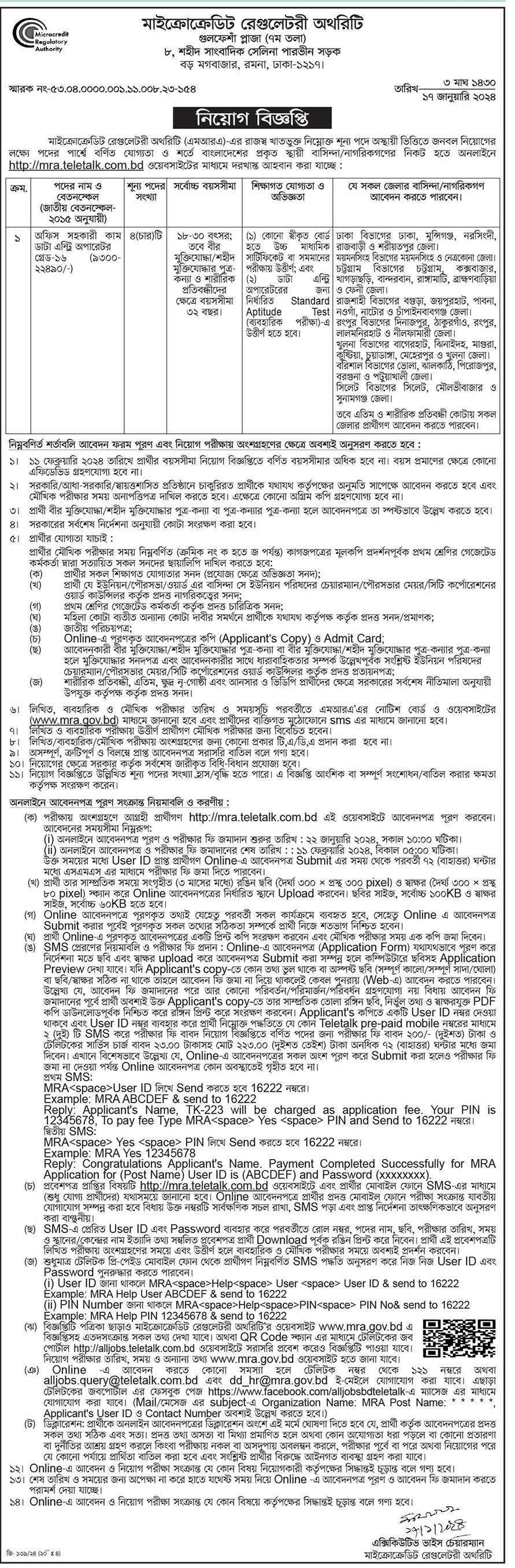 Microcredit Regulatory Authority MRA Job Circular 2024