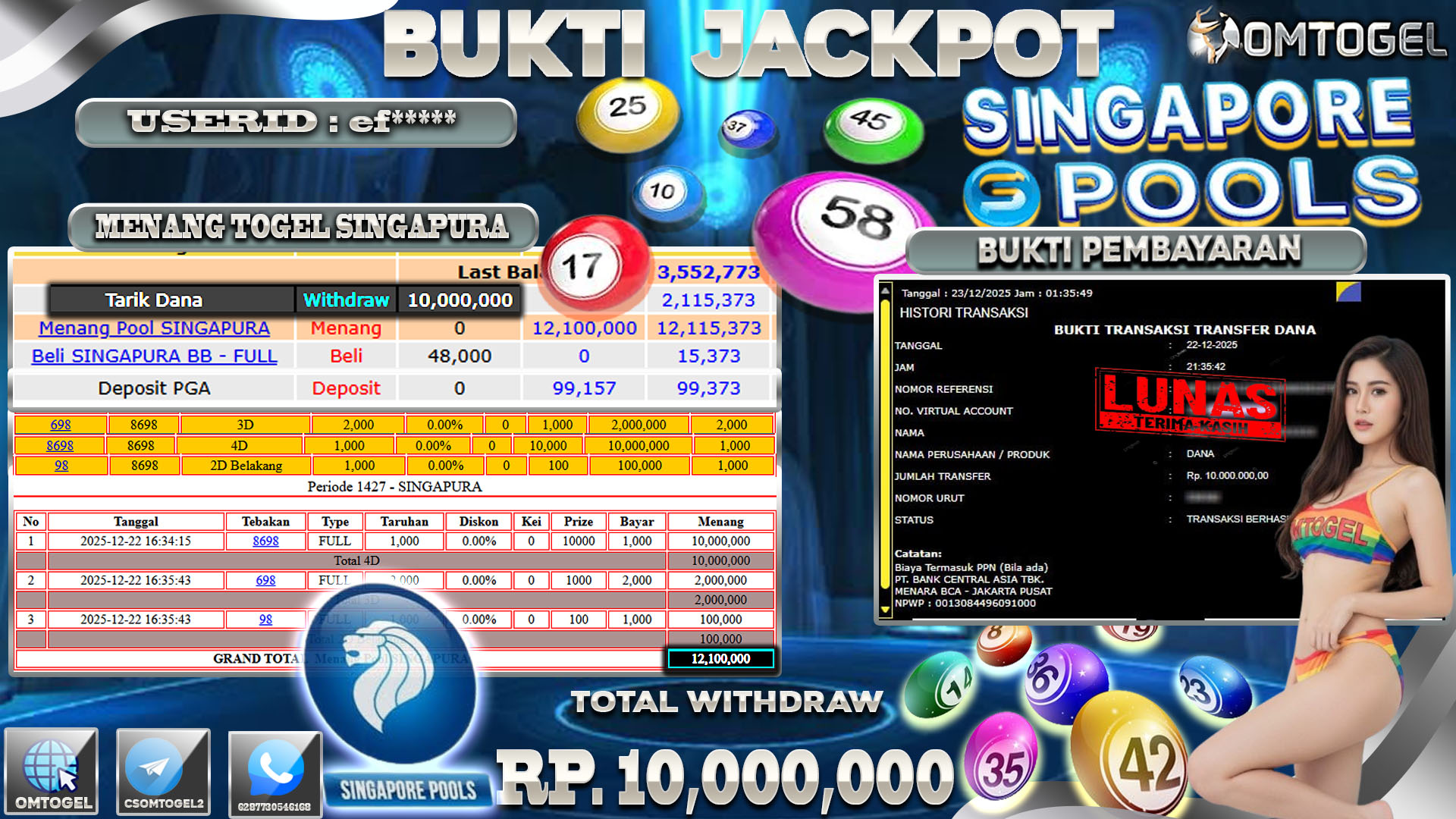 OMTOGEL JACKPOT TOGEL SINGAPORE WIN 4D 3D 2D ,10 JUTA DI BAYAR LUNAS ,-