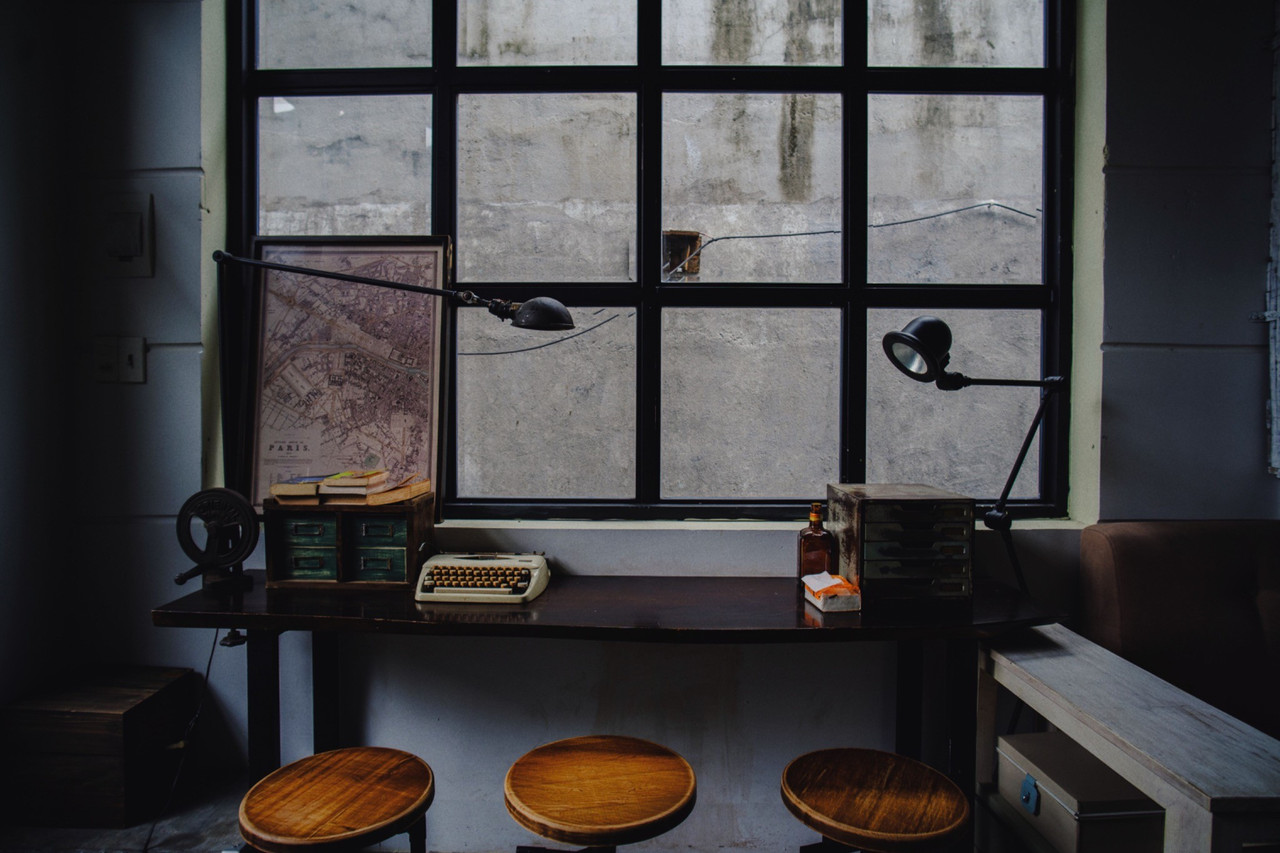 Editorial interior desk with architectural mood for Kathryn Rotella journal
