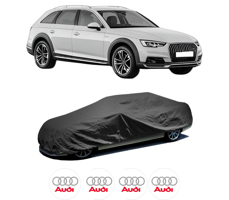 Husa tip prelata auto pentru AUDI A4 Allroad B9 (8WH, 8WJ) din 2016-2020, Culoare Negru, material textil impermeabil, rezistanta la intemperii praf UV, CARPASSION Husa Protectie, 4 Stickere auto cu AUDI