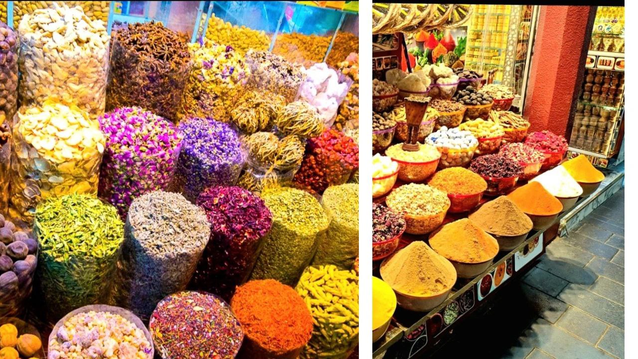 Colorful Dubai Spice Souk market with stalls displaying spices, herbs, and traditional aromas