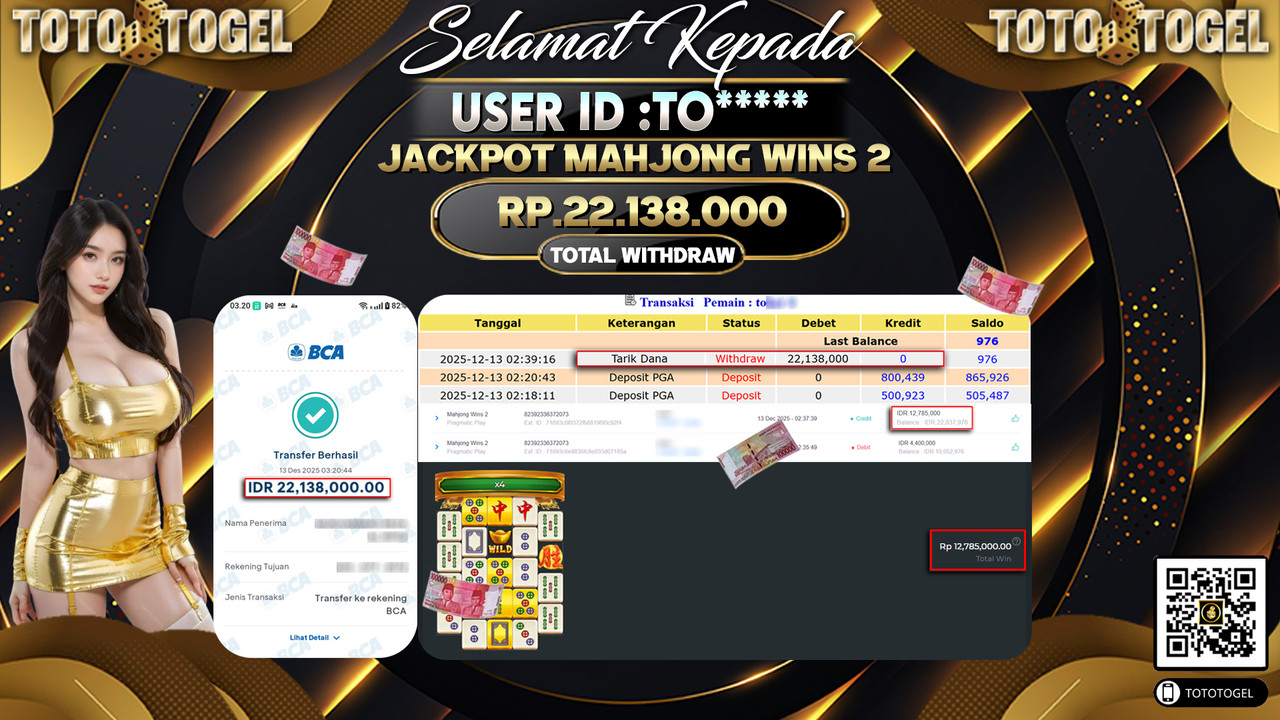 Bukti Pembayaran Jackpot Permainan Slot Mahjong Wins 2 ID:TO***** LUNAS