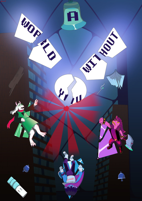 Cover art for the fanfic, depicting an image of the shattered Deltarune. Glowing wings with a circle in the center loom over a shining red soul. Below, two upright triangles and one downward triangle in between them are positioned with each character of the Deltarune cast. Ralsei reaches from the left up towards the soul with the green triangle behind him, his expression frantic. Susie grabs onto the purple triangle from the right while staring at the soul with a grim expression. Kris listlessly falls in front of the downward triangle, which is blue. In the background, bookshelves, a water cooler, bells, and a window sit in the back.