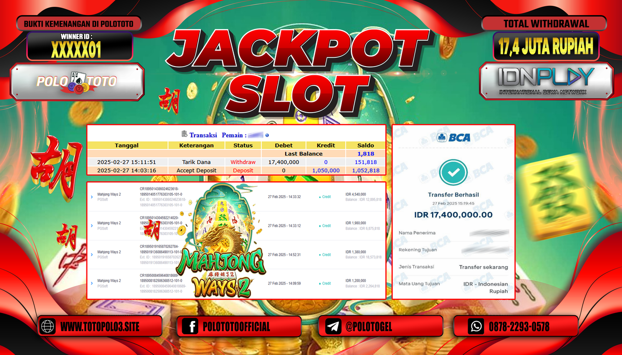 POLOTOTO JACKPOT SLOT MAHJONG WAYS 2 Rp.17.400.000,-