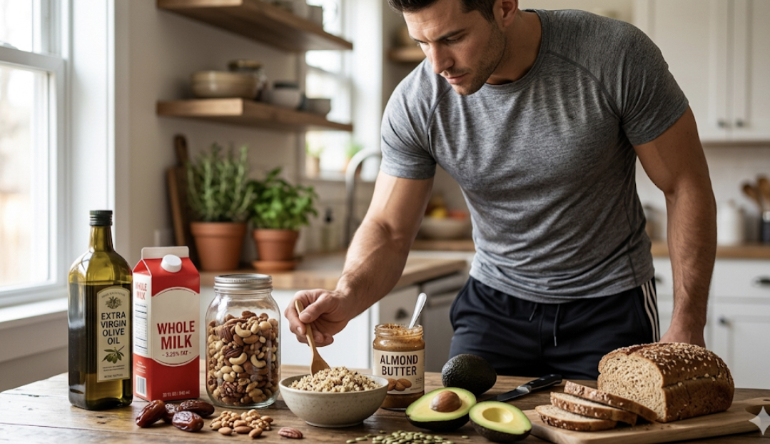Collection of calorie-dense foods for weight gain including nuts, nut butter, avocados, olive oil, whole milk, and dried fruits