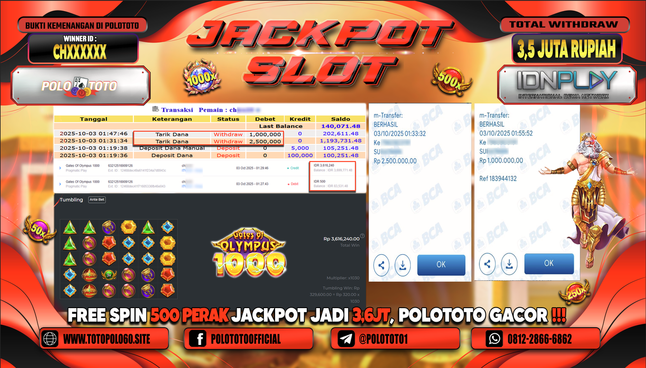 POLOTOTO JACKPOT SLOT GATES OF OLYMPUS 1000 Rp.3.500.000,- LUNAS