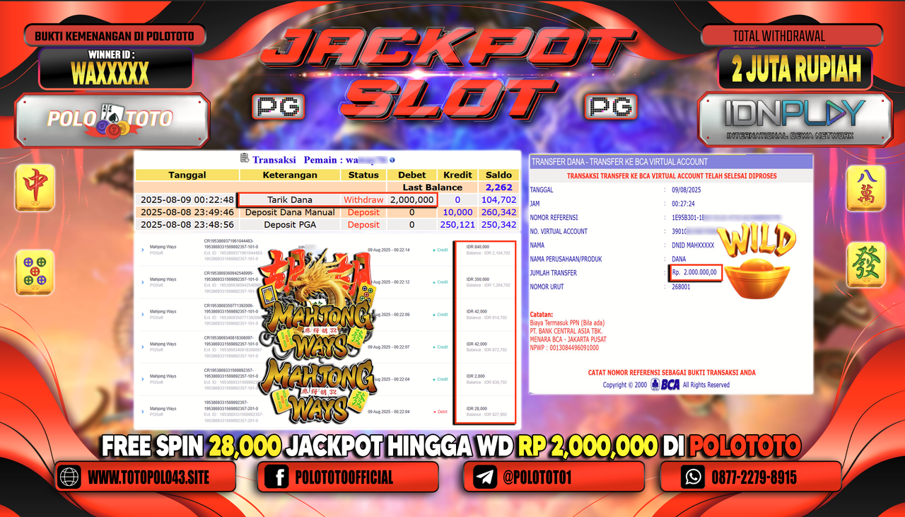 POLOTOTO JACKPOT SLOT MAHJONG WAYS Rp.2.000.000,-LUNAS