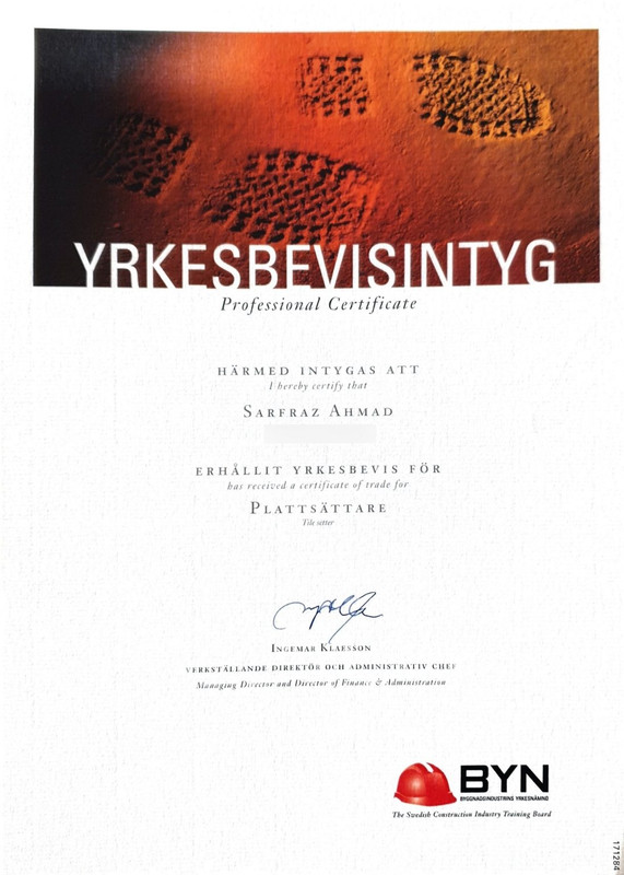 Yrkesbetyg – Stenläggning i Skåne AB
