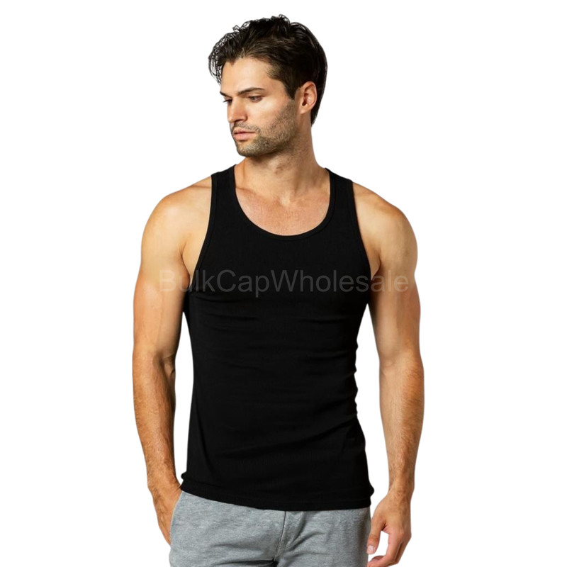 men's A-shirt black wife beater tank top ribbed cotton