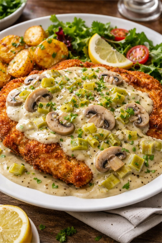 Schnitzel mit Champignon-Porree-Sauce aus der Heißluftfritteuse – ideal für Pinterest & Social Media