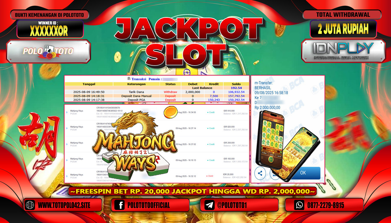 POLOTOTO JACKPOT SLOT MAHJONG WAYS Rp.20.000.000,-LUNAS