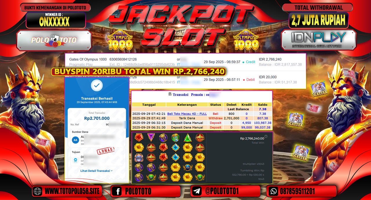 POLOTOTO JACKPOT SLOT GATES OF OLYMPUS 1000 Rp.2.700.000,- LUNAS