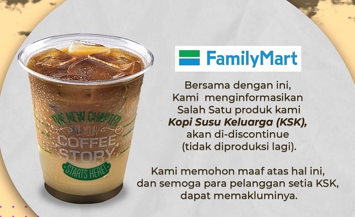 Family Mart mengumumkan akan berhenti menjual salah satu produk minuman populernya, yakni Kopi Susu Keluarga (KSK).
