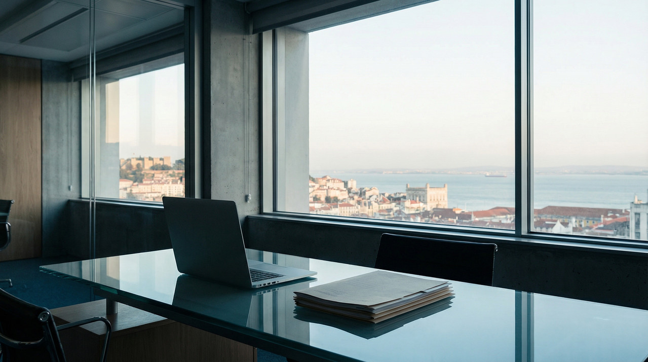 Escritório corporativo moderno em Portugal representando o ambiente institucional da Autoridade Tributária.