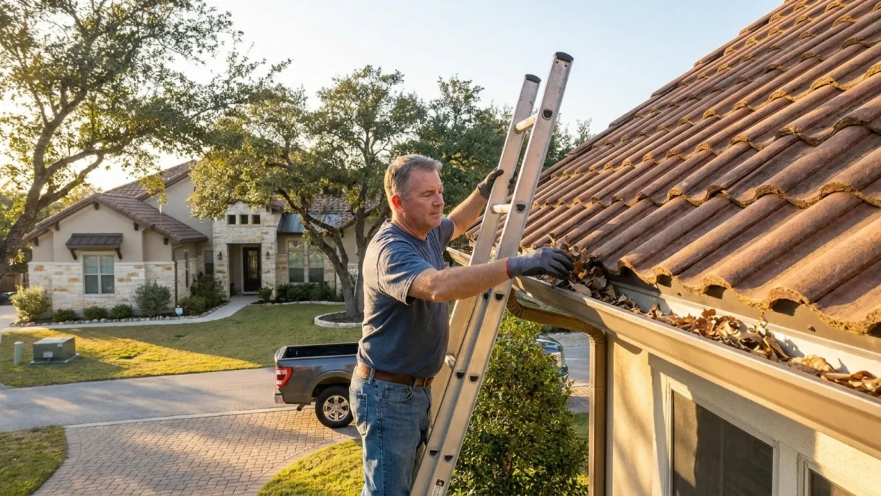 Homeowner cleaning gutters on San Antonio home to prevent roof water damage
