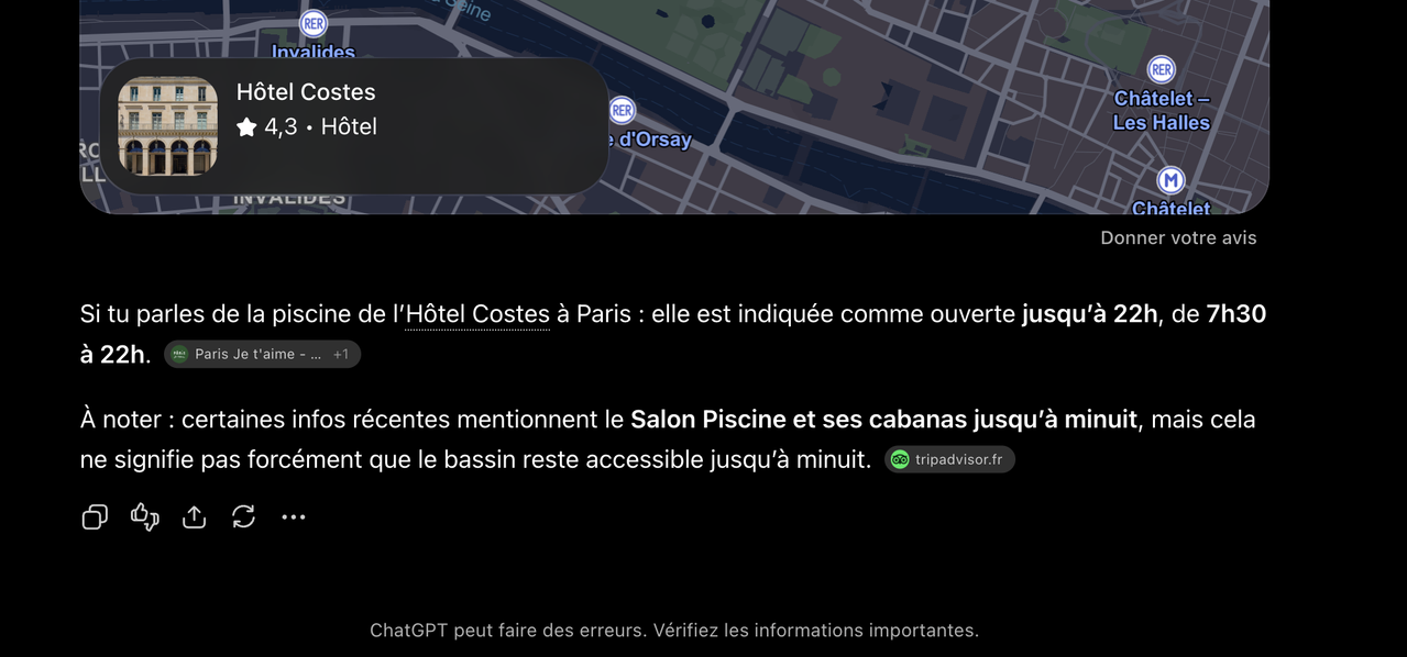Réponse de ChatGPT sur les horaires de la piscine