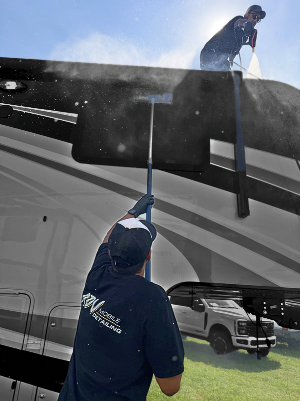 Gloss-black Brinkley fifth wheel front cap after a ceramic shield installation