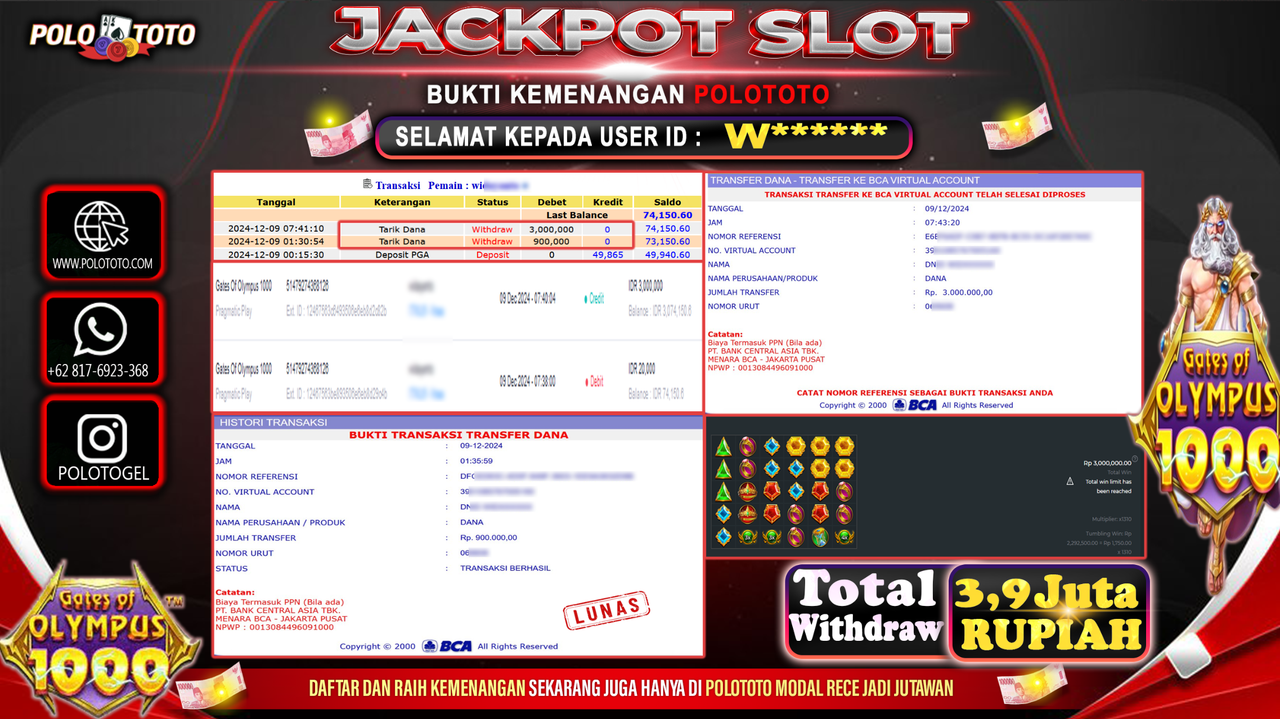 POLOTOTO JACKPOT SLOT GATES OF OLYMPUS 1000 Rp.3,900.000,-