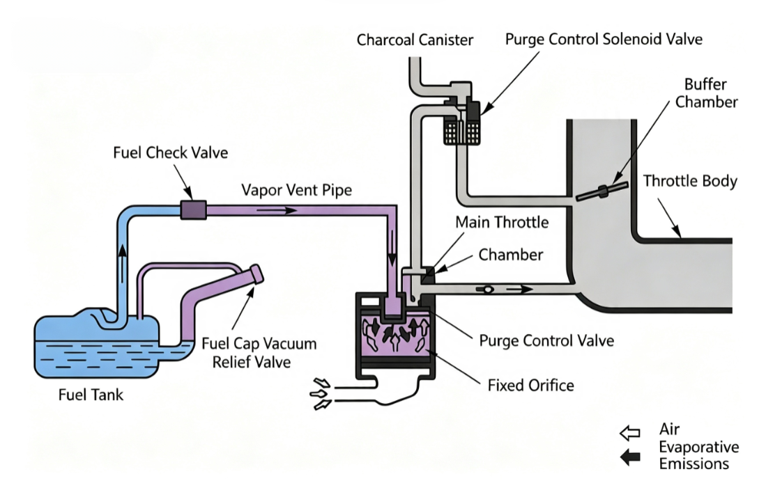 EVAP system working principle diagram showing fuel tank, charcoal canister, purge control valve, and throttle body