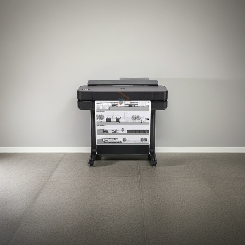 Plotter HP T650 com seu suporte e bandeja de saída integrada