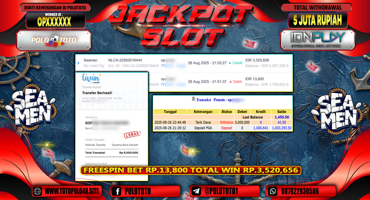 POLOTOTO JACKPOT SLOT SEAMEN Rp.5.000.000,-