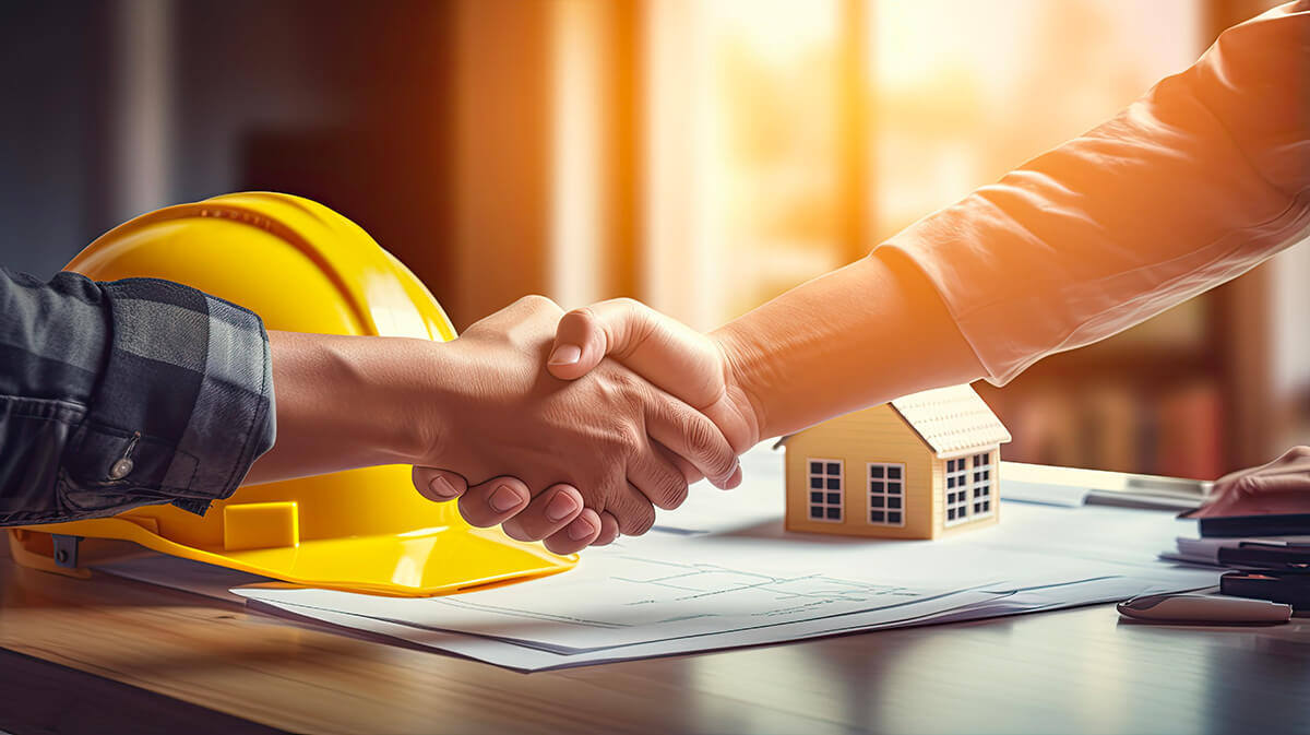 Poignée de main entre un professionnel et un partenaire avec plans et maquette de maison - Partenariat Chabani Concept Energie