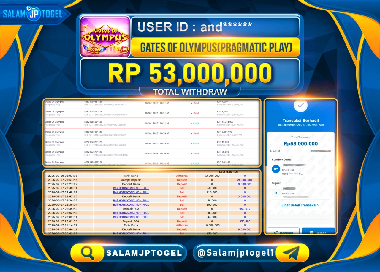 SALAMJPTOGEL JACKPOT MENANG SLOT GATES OF OLYMPUS Rp.53,000,000 - LUNAS
