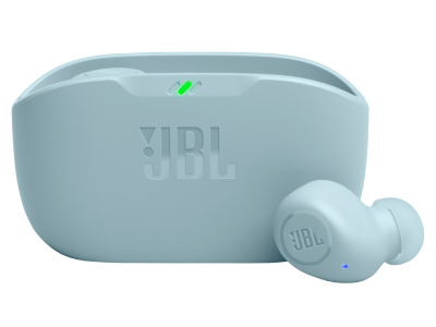 Audífonos TWS JBL Vibe Buds 2 con su estuche de carga.