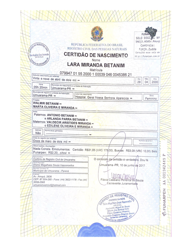 CERTIDAO DE NASCIMENTO LARA