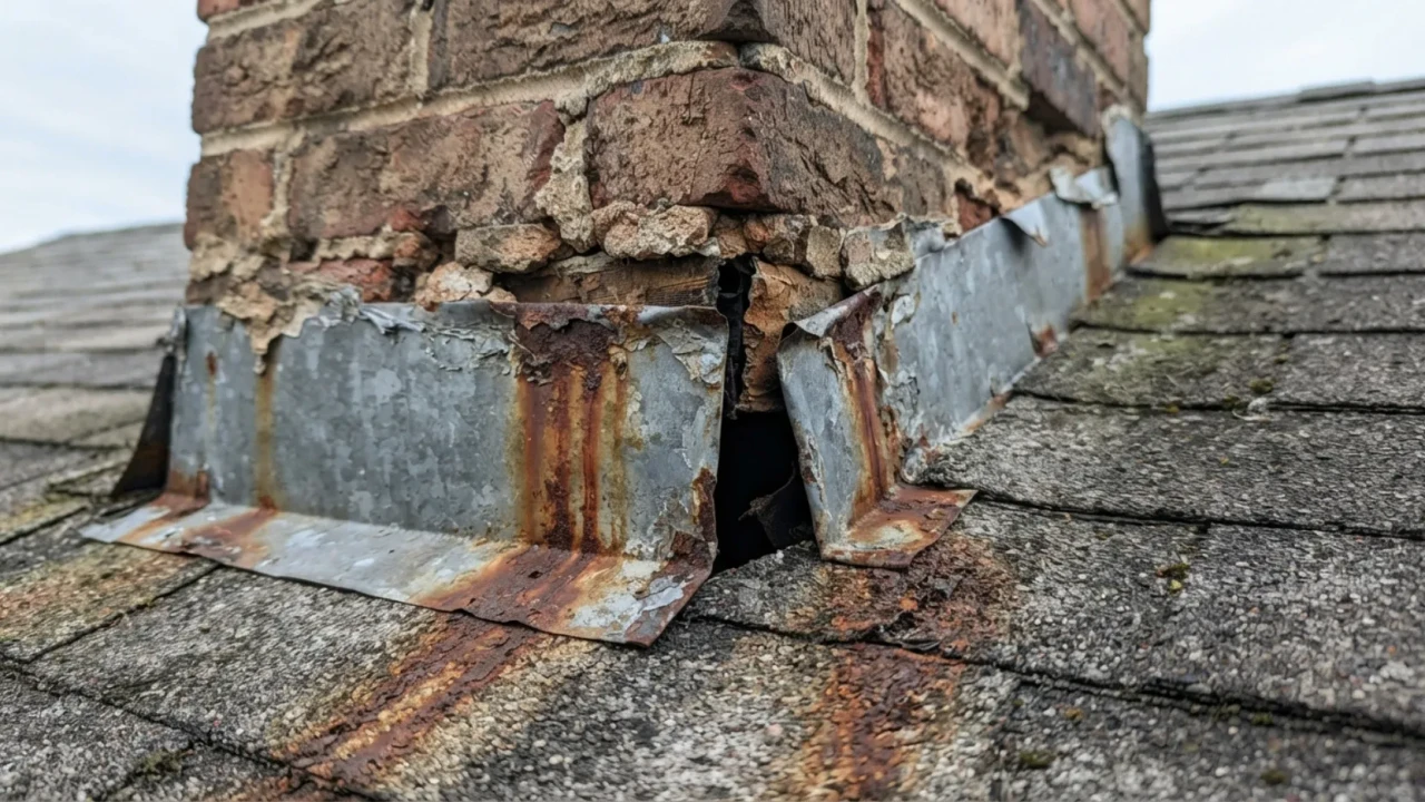 Close-up of chimney base flashing showing separation from mortar and rust staining
