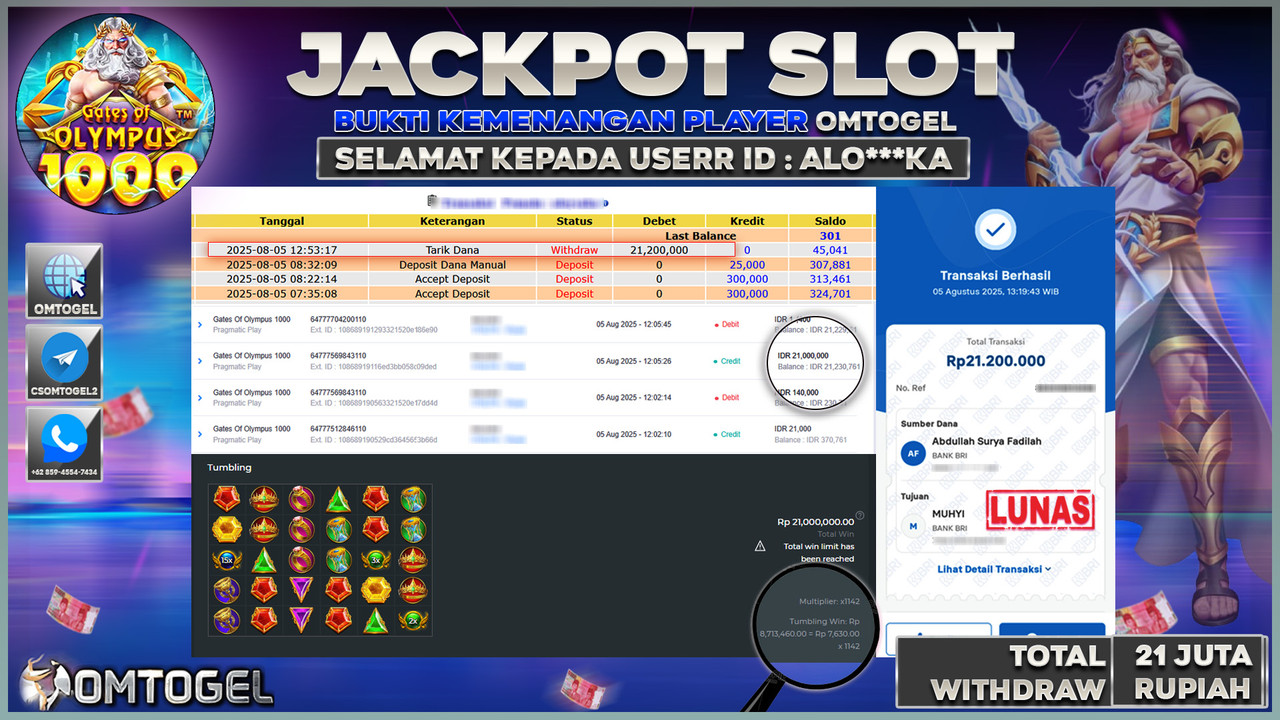 OMTOGEL JACKPOT PRAGMATIC PLAY GATES OF OLYMPUS 1000 21 JUTA DI BAYAR LUNAS ,-