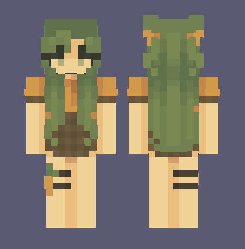 Front and back of the original; girl with long green hair, orange shirt and paid skirt