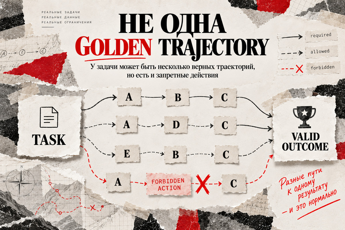 Несколько допустимых траекторий ИИ-агента и запрещённый путь к одному результату