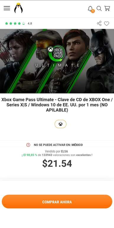 Kinguin: 1 Mes Xbox Game Pass Ultimate región (EE.UU) No Apilable