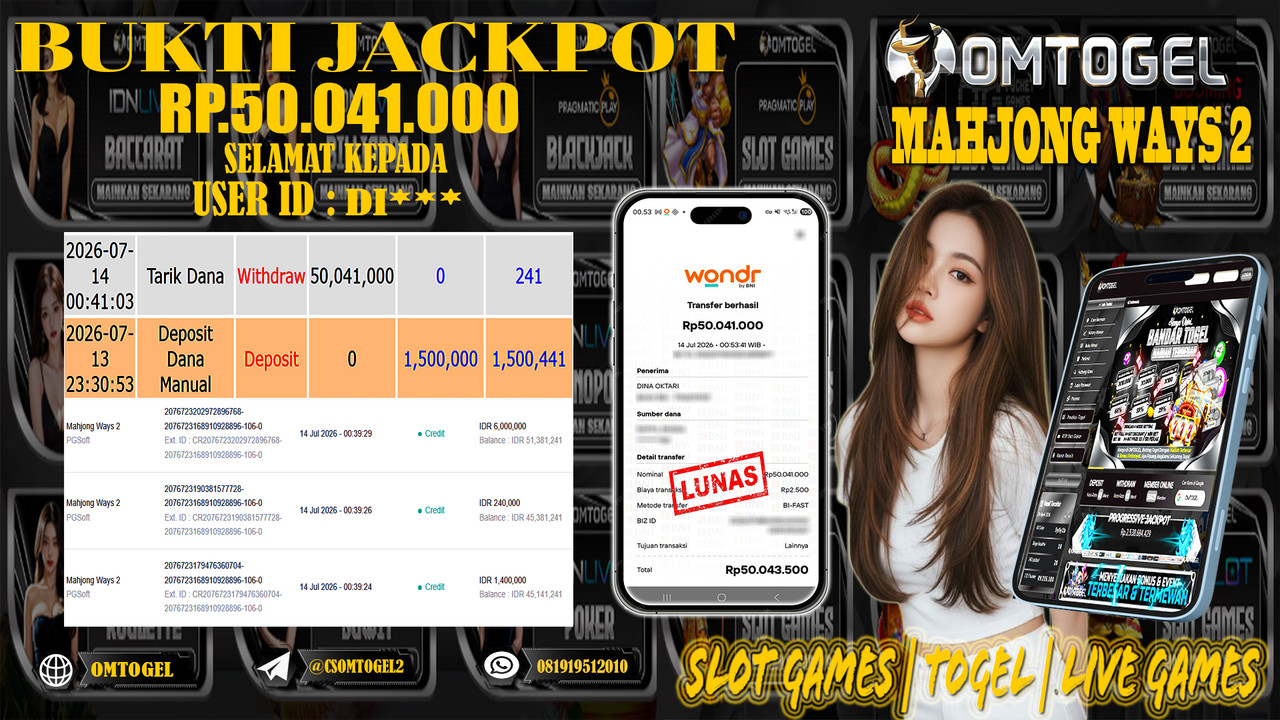 OMTOGEL JACKPOT PG SOFT MAHJONG WAYS Rp.50,041,000,- DIBAYAR LUNAS