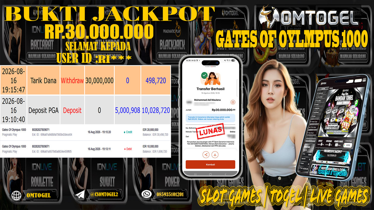 OMTOGEL JACKPOT PRAGMATIC PLAY GATES OF OLYMPUS 1000 Rp,30,000,000,- DIBAYAR LUNAS