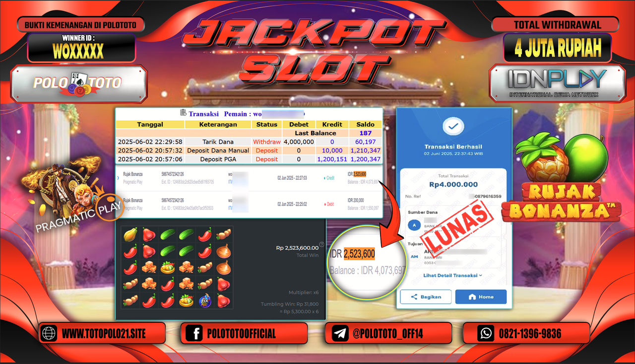 POLOTOTO JACKPOT SLOT RUJAK BONANZA Rp.4.000.000,-