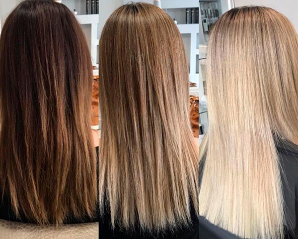 The process of changing hair color from dark brown to blonde