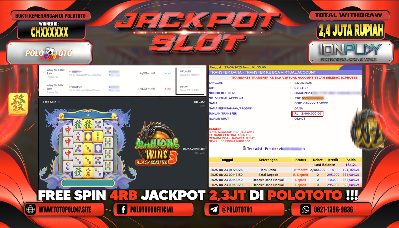 POLOTOTO JACKPOT SLOT MAHJONG WINS 3-BLACK SCATTER Rp.2.400.000,-