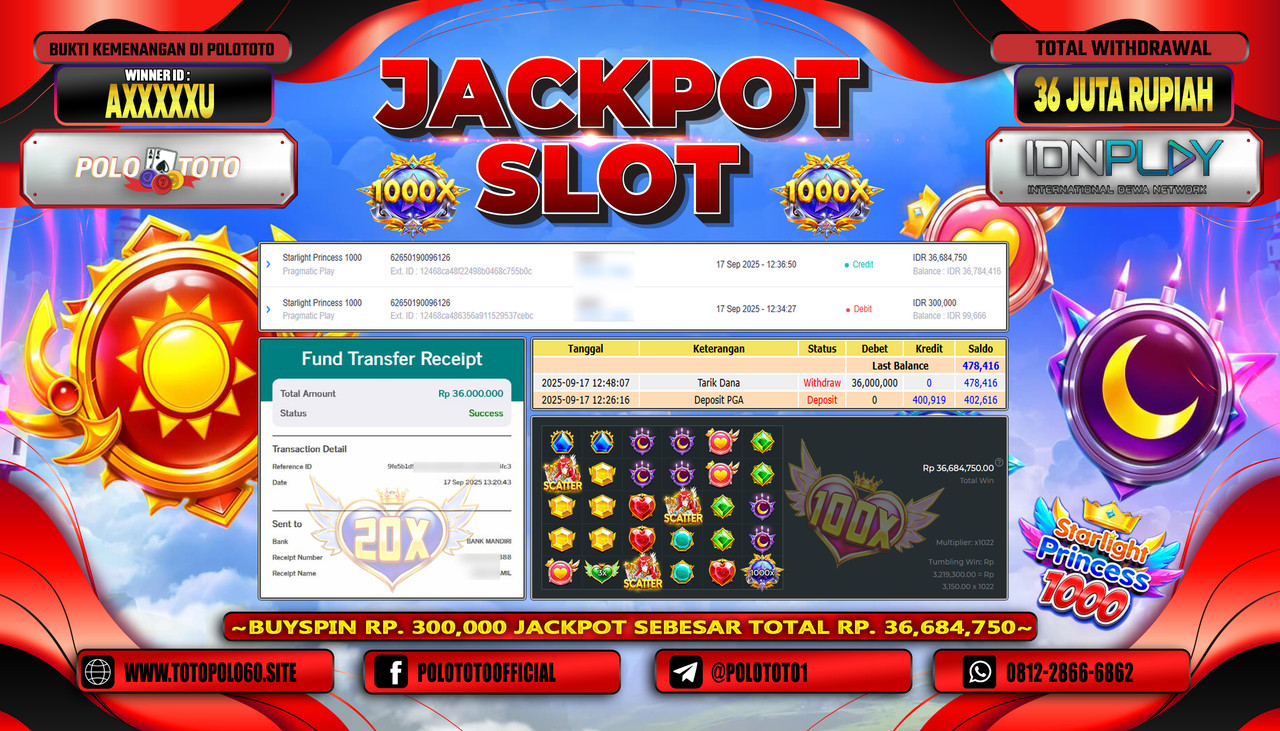 POLOTOTO JACKPOT SLOT STARLIGHT PRINCESS 1000 Rp.36.000.000,- LUNAS