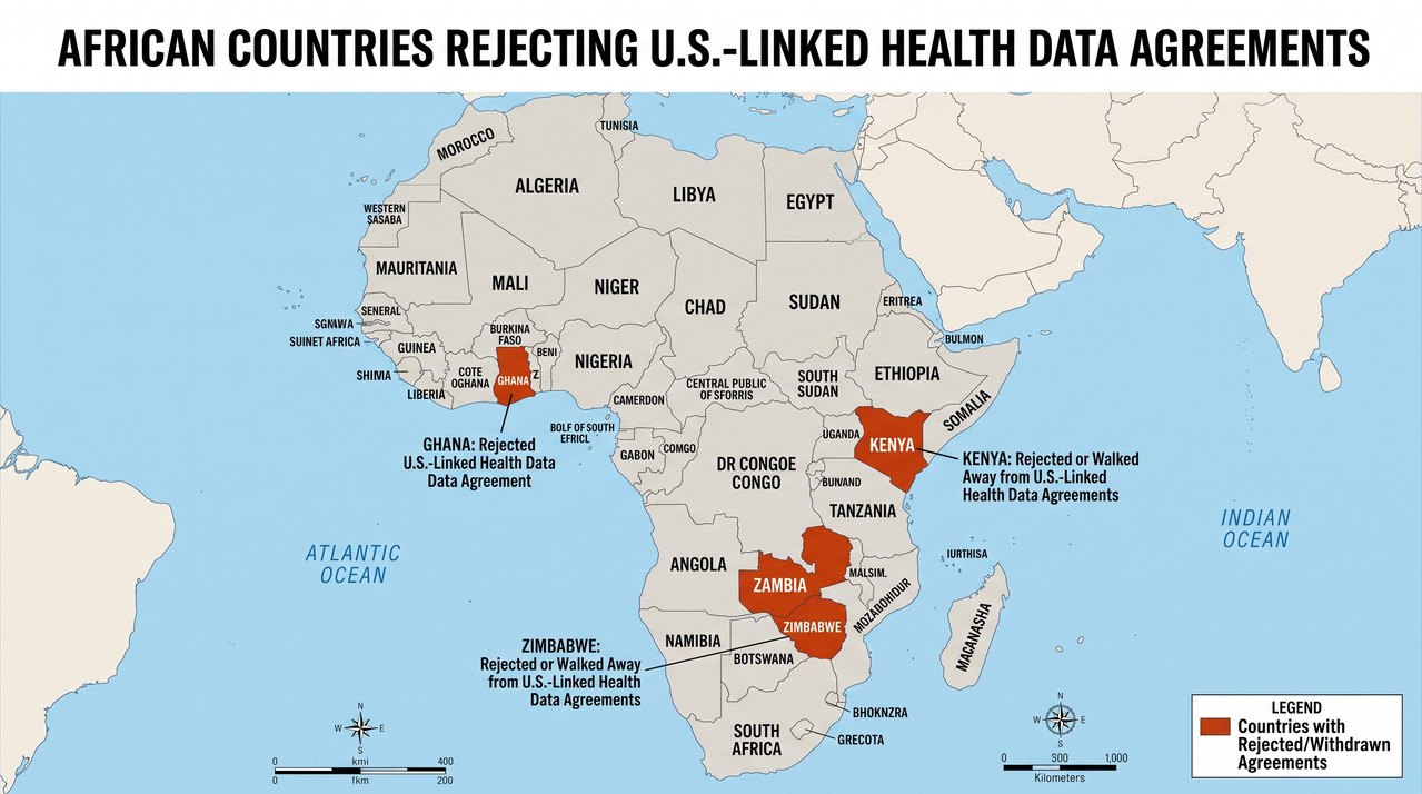 A map of Africa showing the countries that have rejected or walked away from U.S.-linked health data agreements