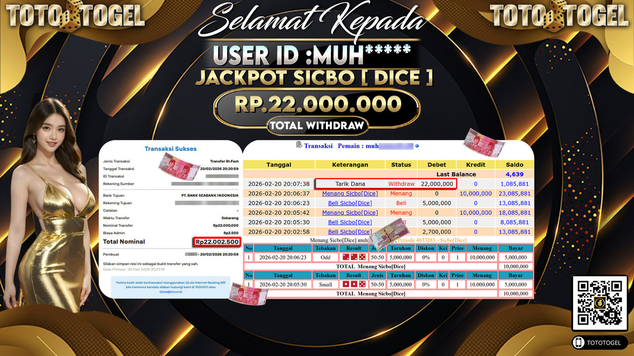 Bukti Pembayaran Jackpot Permainan Live Game Sicbo [ Dice ] ID:MUH*****LUNAS