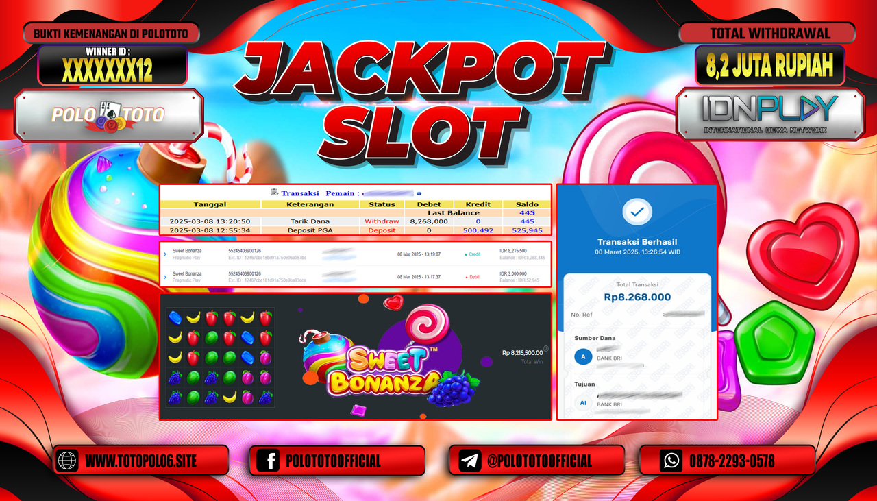 POLOTOTO JACKPOT SLOT SWEET BONANZA Rp.8.268.000,-