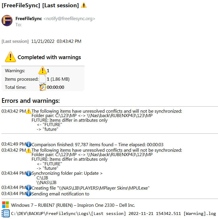 FreeFileSync - Sample Email - warning & error