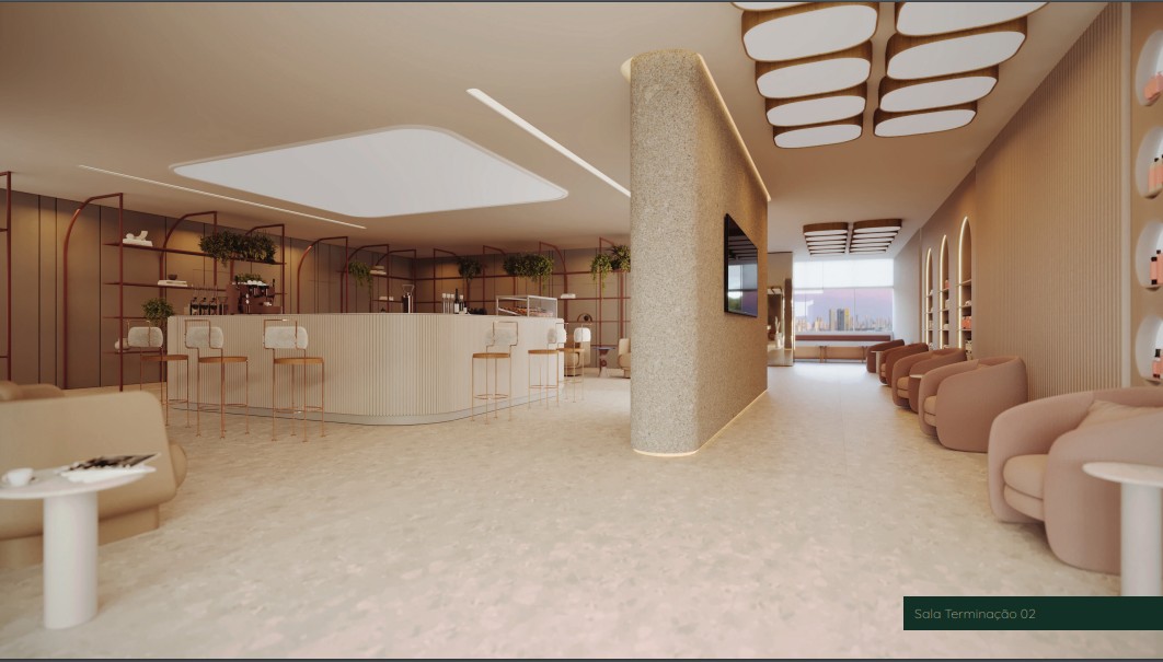 Lobby corporativo com acabamento premium