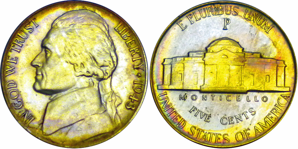 1943 P UNC WILD RAINBOW COLOR TONED 5C