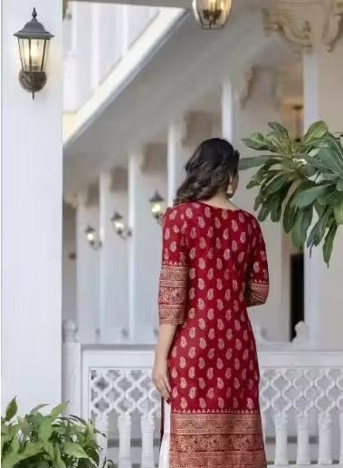 AAA Fashion Premium Printed Rayon Latest trend kurti comfortable feel ultimate highlited Printed design stunning look new look kurta palazzoo set (RED-WHITE) Color 1 (KS130)