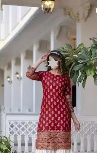 AAA Fashion Premium Printed Rayon Latest trend kurti comfortable feel ultimate highlited Printed design stunning look new look kurta palazzoo set (RED-WHITE) Color 1 (KS130)