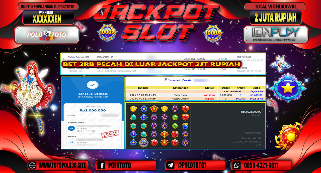 POLOTOTO JACKPOT SLOT STARLIGHT PRINCESS 1000 Rp.2.000.000,-LUNAS
